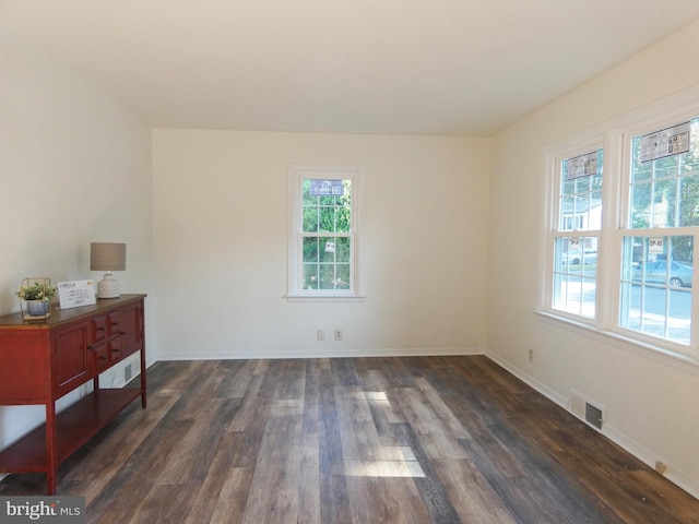 unfurnished room featuring dark hardwood / wood-style floors and plenty of natural light