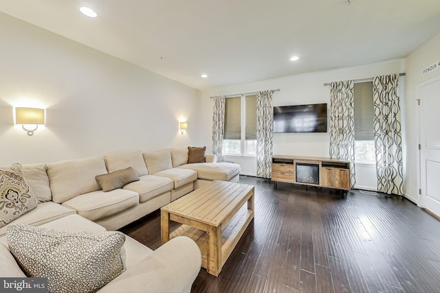 living room with dark hardwood / wood-style floors