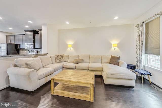 living room with dark hardwood / wood-style flooring