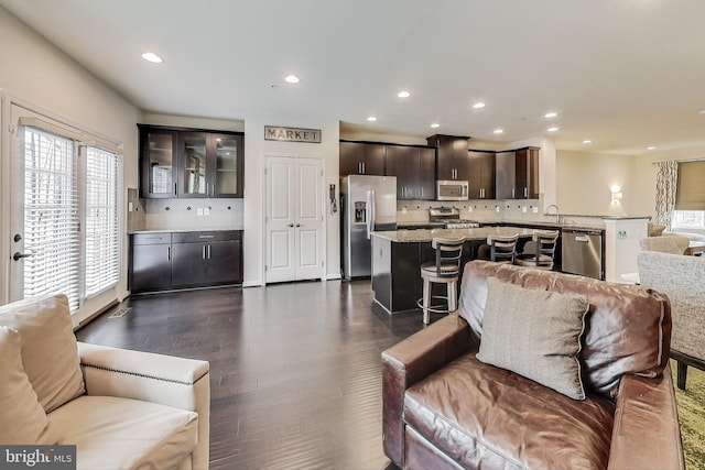 living room with sink and dark wood-type flooring