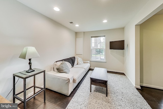 living room with dark hardwood / wood-style flooring