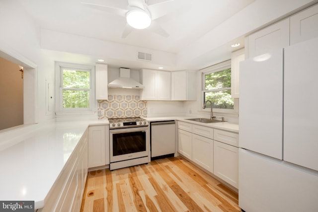 kitchen featuring wall chimney exhaust hood, a wealth of natural light, white appliances, and sink