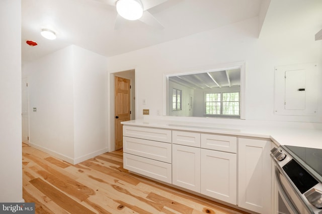 kitchen featuring light hardwood / wood-style floors, electric panel, white cabinets, stainless steel electric range, and ceiling fan