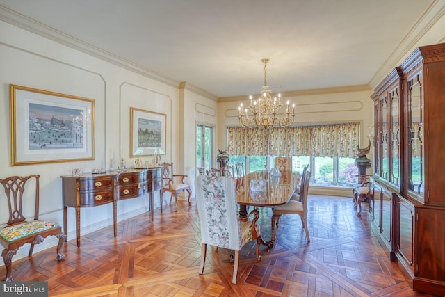 dining room featuring parquet flooring, a healthy amount of sunlight, and ornamental molding