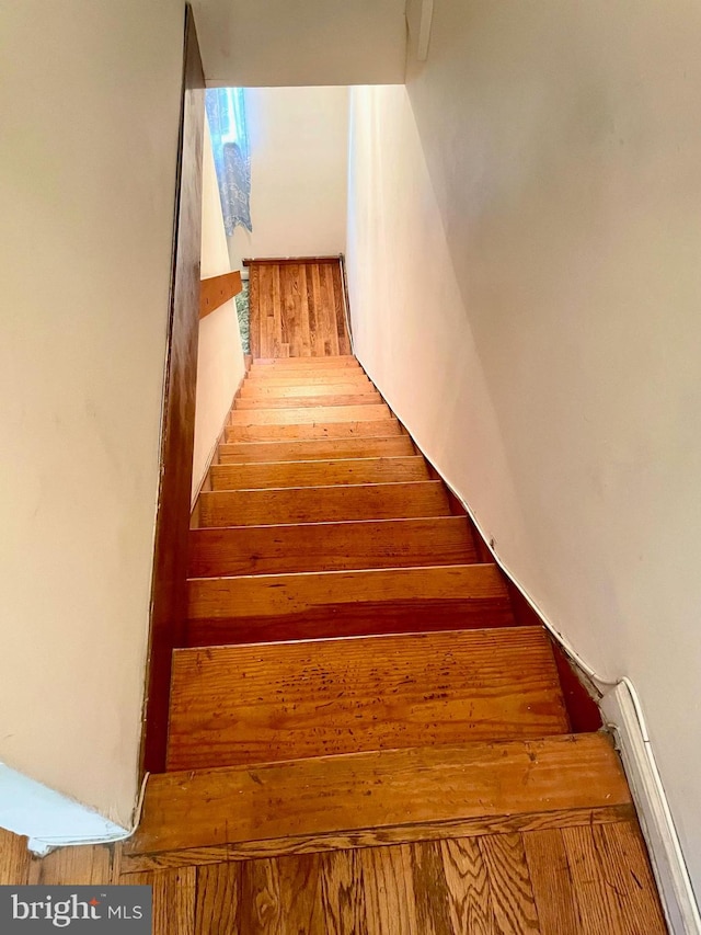 staircase with hardwood / wood-style flooring and baseboard heating