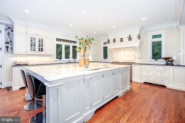 kitchen with dark wood-type flooring, white cabinets, light stone counters, and plenty of natural light