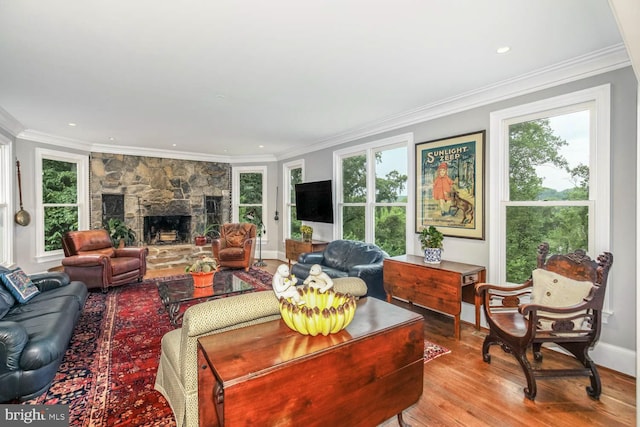 living room with a stone fireplace, ornamental molding, light wood-type flooring, and a wealth of natural light