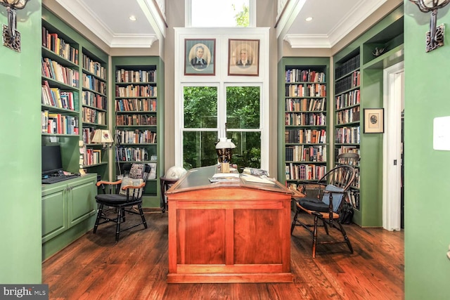 office space featuring built in features, ornamental molding, and dark hardwood / wood-style floors