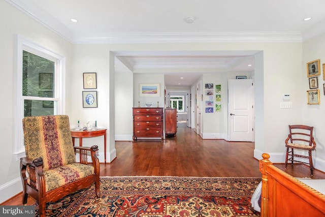 living area featuring crown molding and dark hardwood / wood-style floors