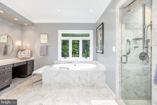 bathroom with vanity, crown molding, and separate shower and tub