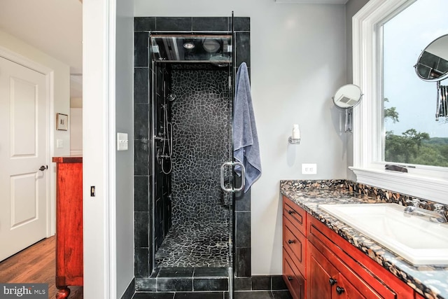 bathroom with vanity, wood-type flooring, and an enclosed shower