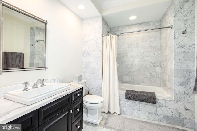 full bathroom featuring vanity, tile patterned floors, toilet, and shower / bathtub combination with curtain