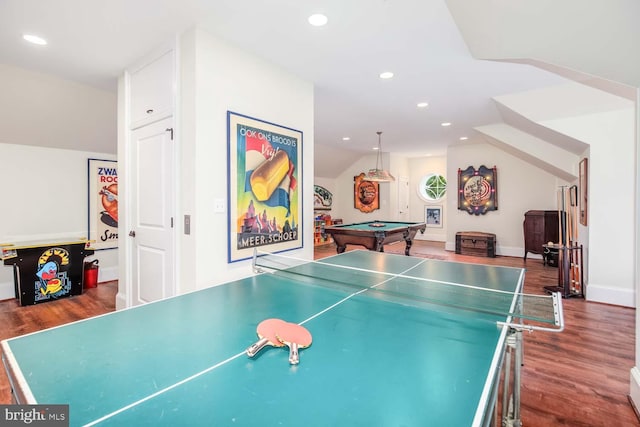 rec room with vaulted ceiling, dark hardwood / wood-style flooring, and pool table