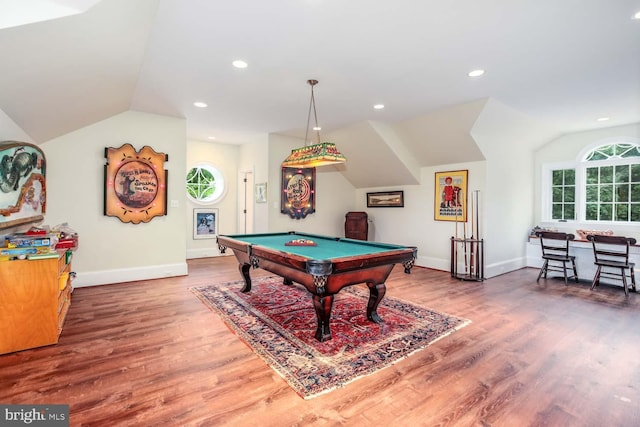 game room featuring vaulted ceiling, wood-type flooring, and billiards