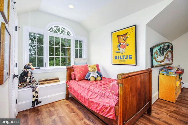 bedroom with hardwood / wood-style flooring and vaulted ceiling