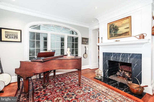 interior space featuring a high end fireplace, crown molding, and wood-type flooring