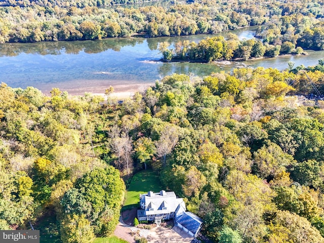 aerial view featuring a water view