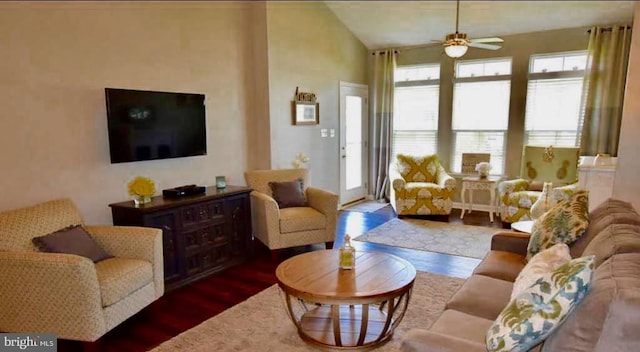 living room featuring vaulted ceiling, ceiling fan, and hardwood / wood-style flooring