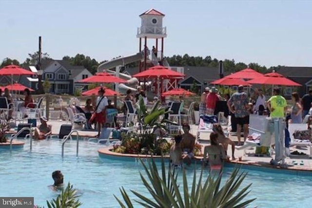 view of swimming pool featuring a water view