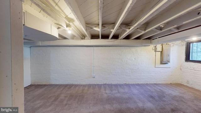 basement featuring electric panel and carpet floors