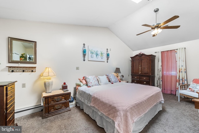 carpeted bedroom with ceiling fan, lofted ceiling, and baseboard heating