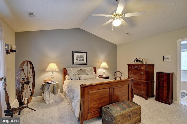 carpeted bedroom featuring lofted ceiling and ceiling fan