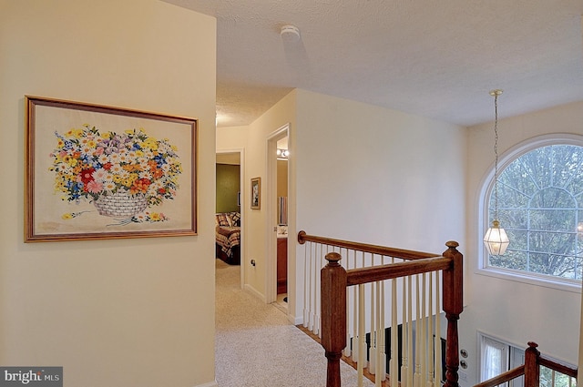 hallway featuring a textured ceiling and light colored carpet