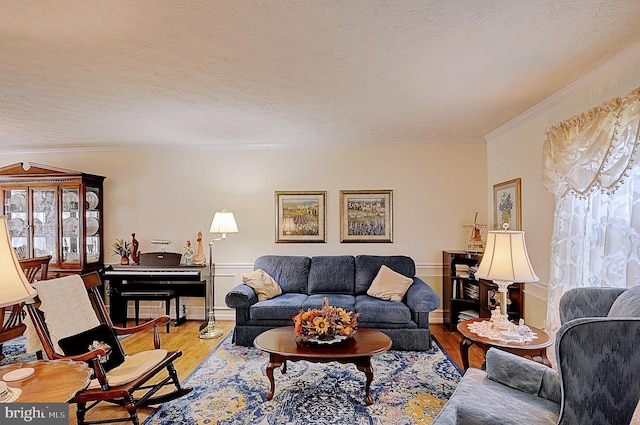 living room with hardwood / wood-style flooring, ornamental molding, and a textured ceiling