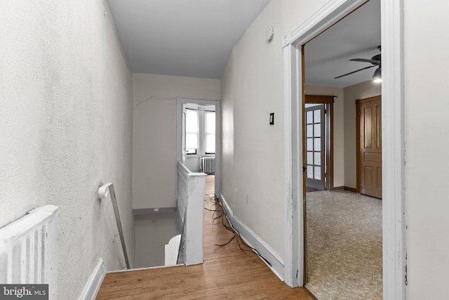 hall featuring radiator heating unit and light hardwood / wood-style flooring