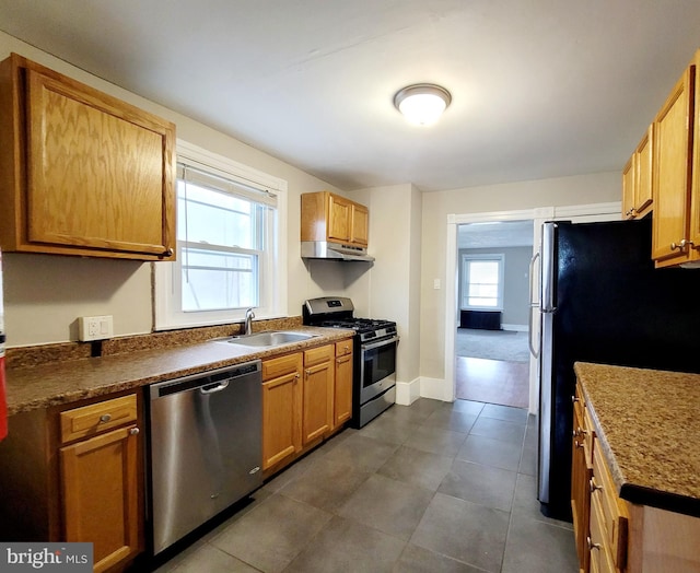 kitchen featuring dark tile patterned flooring, stainless steel appliances, and sink