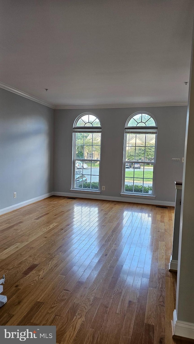 empty room with crown molding, hardwood / wood-style floors, and a wealth of natural light