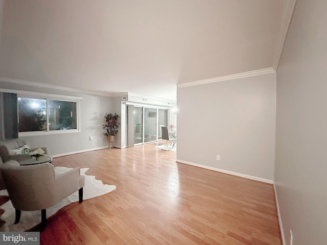 living room with crown molding and wood-type flooring