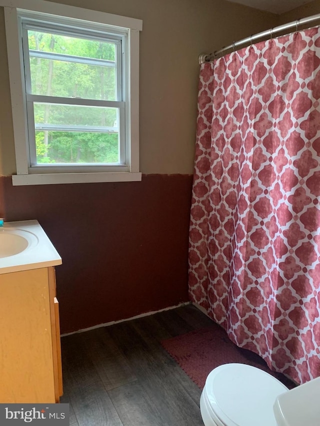 bathroom featuring hardwood / wood-style floors, vanity, toilet, and a shower with curtain