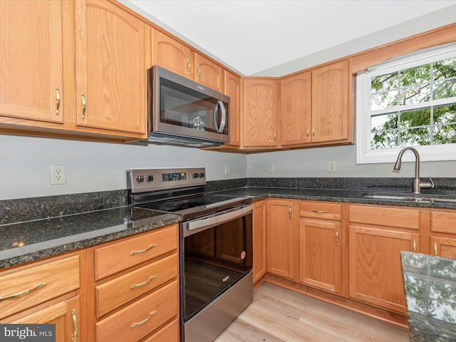 kitchen with stainless steel appliances, dark stone countertops, light hardwood / wood-style flooring, and sink