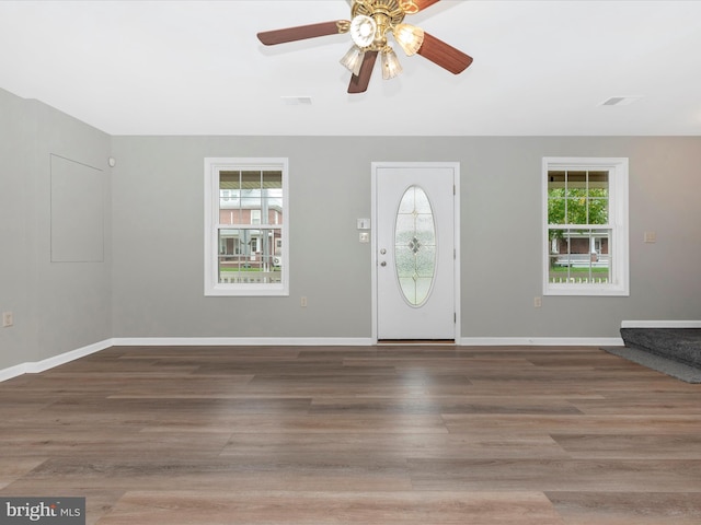 foyer entrance with ceiling fan, plenty of natural light, and wood-type flooring