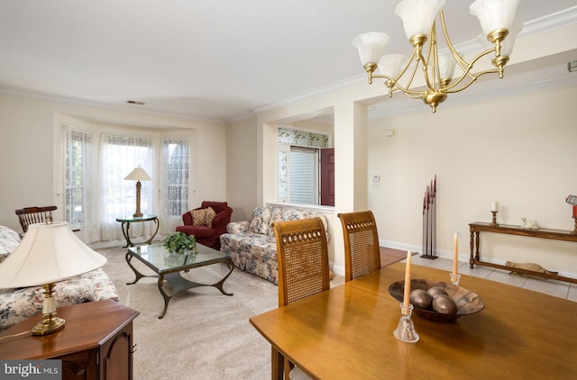 living room with a notable chandelier, light colored carpet, and crown molding