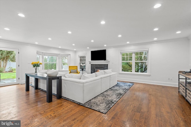 living room featuring a premium fireplace, crown molding, and hardwood / wood-style flooring