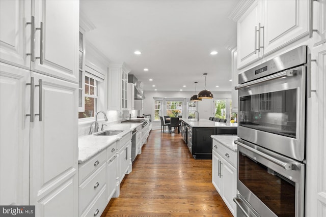 kitchen with dark hardwood / wood-style floors, stainless steel appliances, sink, pendant lighting, and white cabinetry