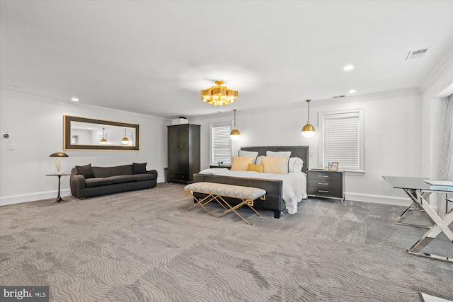 carpeted bedroom with crown molding