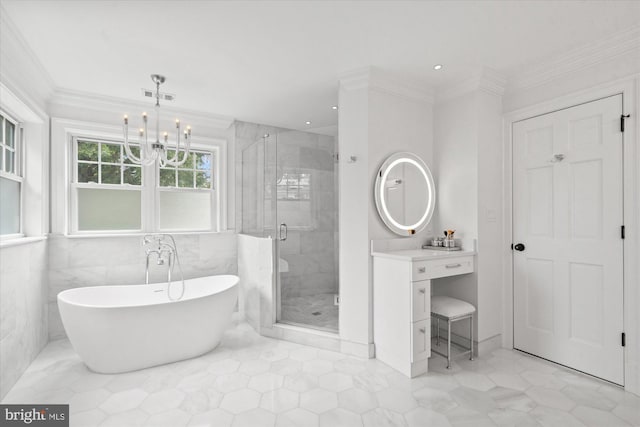 bathroom featuring vanity, tile walls, a notable chandelier, crown molding, and independent shower and bath