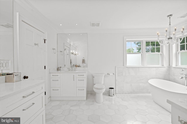 bathroom featuring vanity, a wealth of natural light, toilet, and a tub