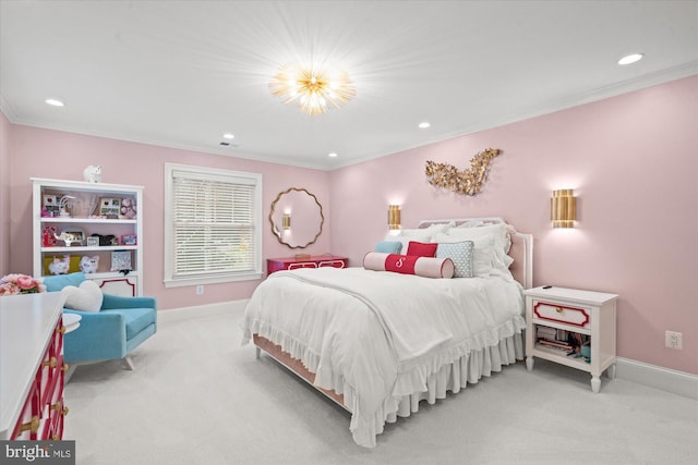 carpeted bedroom featuring a notable chandelier and crown molding