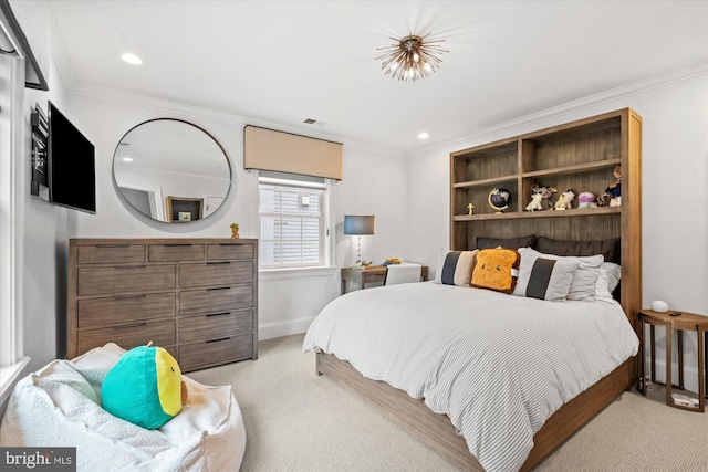 bedroom with light colored carpet and crown molding