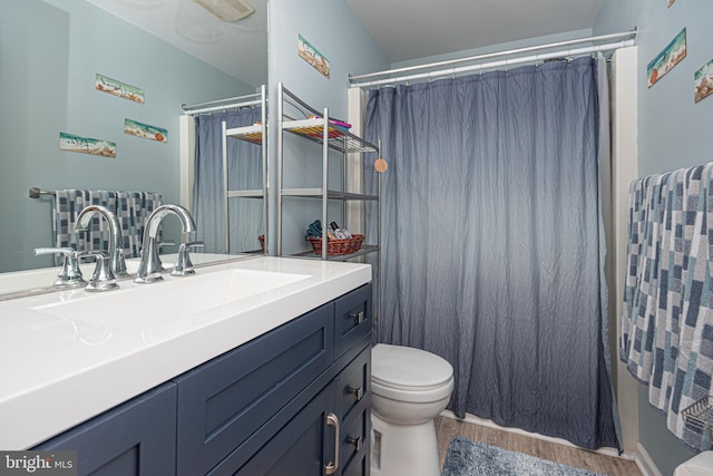 bathroom featuring wood-type flooring, vanity, and toilet