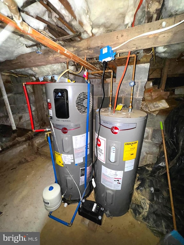 utility room with heat pump water heater and electric water heater