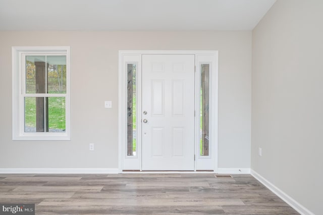 foyer entrance with light hardwood / wood-style flooring