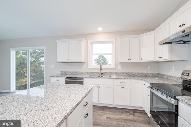 kitchen featuring white cabinets, sink, light hardwood / wood-style floors, extractor fan, and appliances with stainless steel finishes