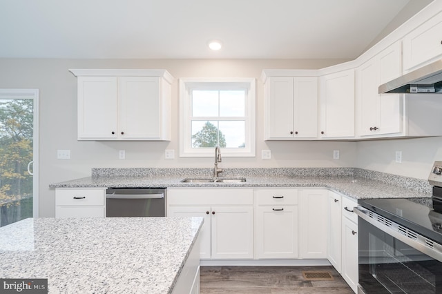 kitchen with stainless steel appliances, white cabinets, sink, and dark hardwood / wood-style flooring