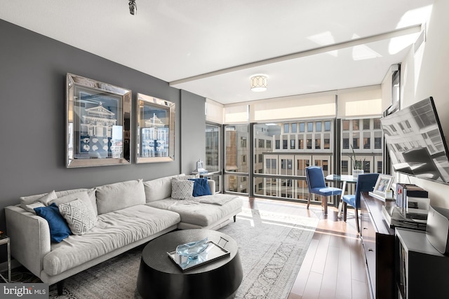 living room featuring wood-type flooring, a wall of windows, and a wealth of natural light