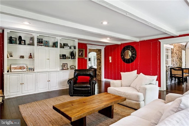 living room featuring beamed ceiling, recessed lighting, and dark wood-style flooring